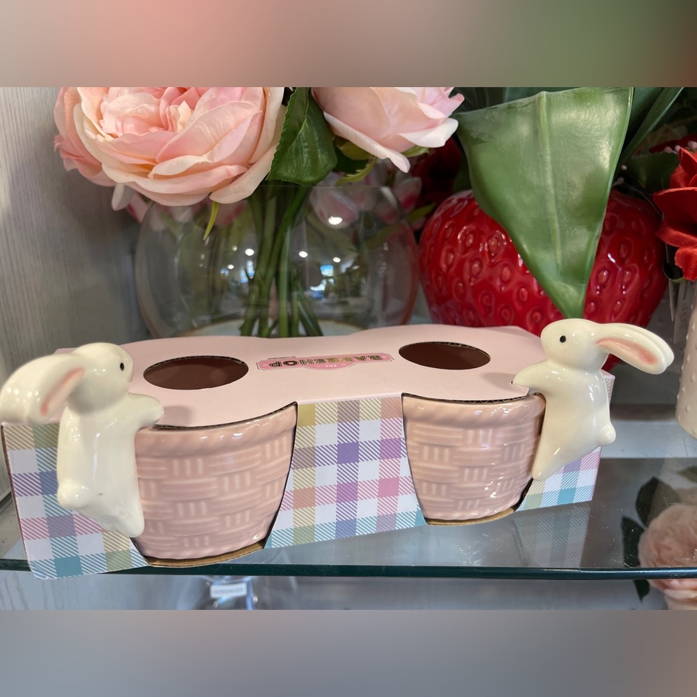 Pink Bunny Basket Spring Easter Ceramic Ramekins Bakeshop Set of 2 NWT